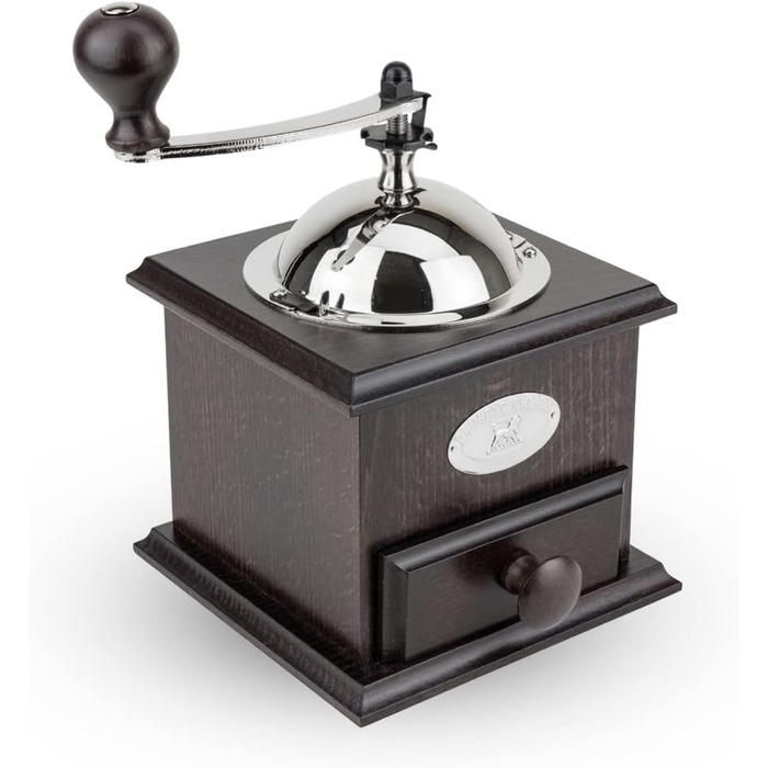 Кавомолка Peugeot Nostalgie - ручна, з регульованим сталевим жорном, 21 см, з воронкою, з бука, шоколадного кольору