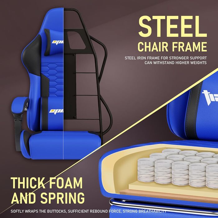 Ігровий крісло з підніжкою, регульованими підлокітниками та підтримкою попереку, ергономічне для дорослих, велике, високе, блакитне