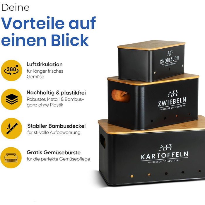 Набір коробок для зберігання картоплі та овочів AH® (4 шт.) з щіткою для овочів. Підходить для зберігання картоплі, цибулі та інших овочів. Чорний колір, преміум-якість.