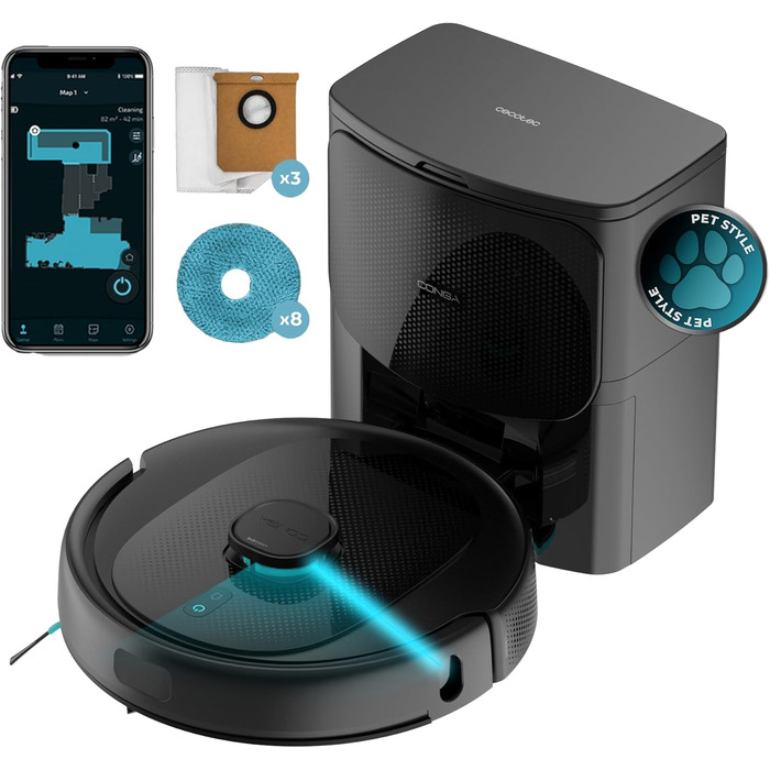 Робот-пилосос Cecotec Conga 9590 Spin Revolution Ultra Power з автопорожненням, 10000 Па, лазерна навігація, 240 хв, моп, силіконова щітка, для дому та тварин, керування через додаток