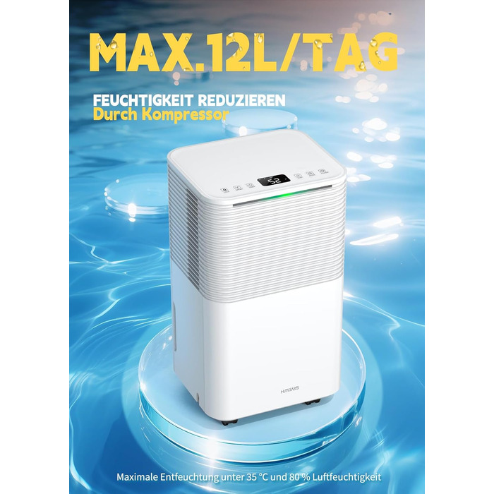 Електричний осушувач повітря 12л/день, сенсорне управління, дисплей, таймер, для дому, ванної кімнати, підвалу, білий