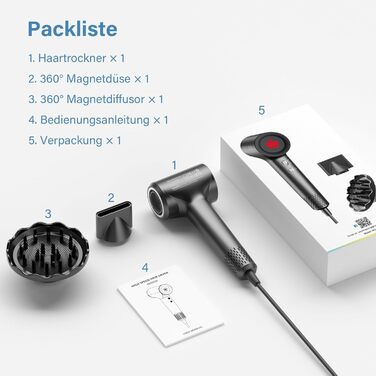 Професійний фен для волосся з дифузором, безщітковий мотор 110 000 об/хв, 400 млн плазмових іонів, низький рівень шуму 57дБ, сірий