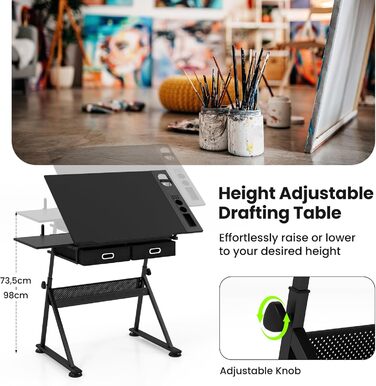Регульований стіл FANTASK для архітекторів та художників з нахиленою стільницею, 2 ящиками та табуретом (Чорний)