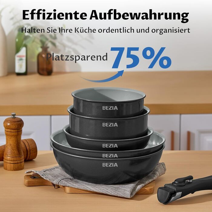 Набір антипригарних сковорідок BEZIA з суцільними ручками, для всіх плит, стакельне виконання, придатні для миття в посудомийній машині та духовці, без PFAS (сірий)