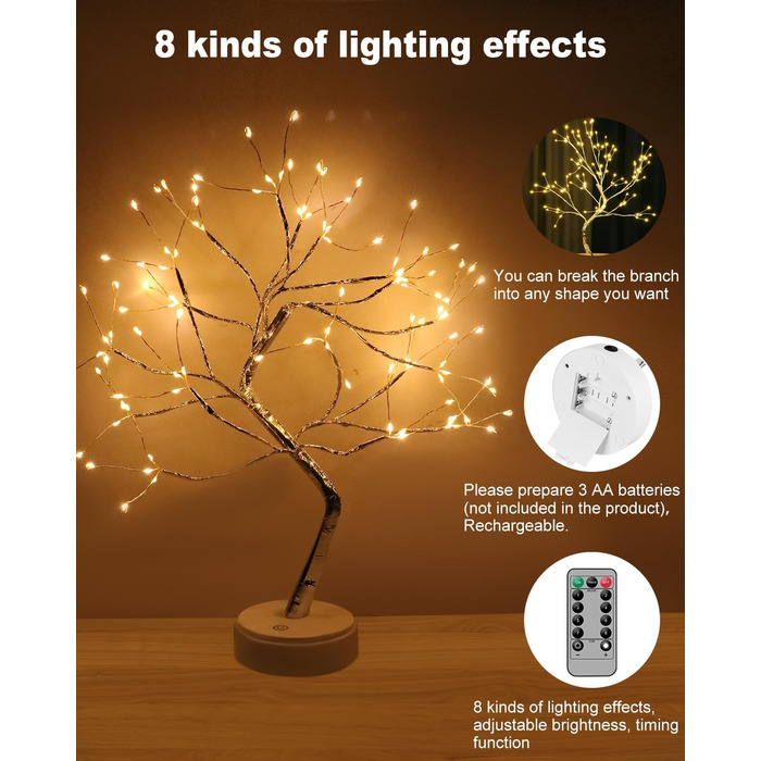 Світлодіодне освітлення дерева 8 режимів, з можливістю затемнення, 108 світлодіодів, регульовані гілки, USB/батарея, пульт дистанційного керування, таймер