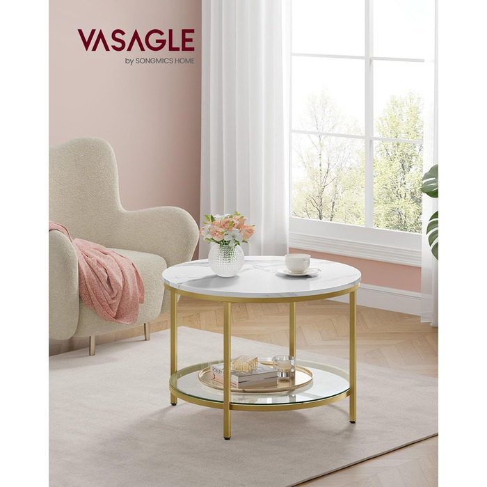 Журнальний столик VASAGLE, стіл для вітальні, журнальний столик, для вітальні, зі скляною стільницею, багато місця для зберігання, легка збірка, сучасний стиль, мармуровий білий чорнильний чорний LCT071B13 (65 x 46 см, мармуровий білий світло-золотий)