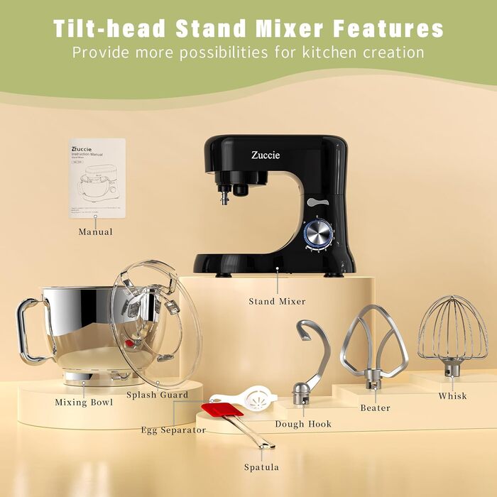 Кухонна машина Zuccie з тихою роботою, 5л чаша з нержавіючої сталі, 3 насадки, сплітц-захист, скребок для тіста та роздільник яєць, 8+P швидкості, для приготування тіста (білий/чорний)