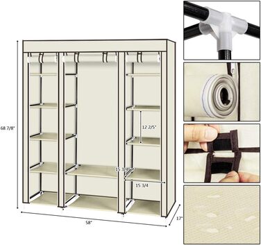 Шафа-купе розкладна з штангою для одягу та полицями, 150x45x175 см, бежева, для спальні/вбиральні