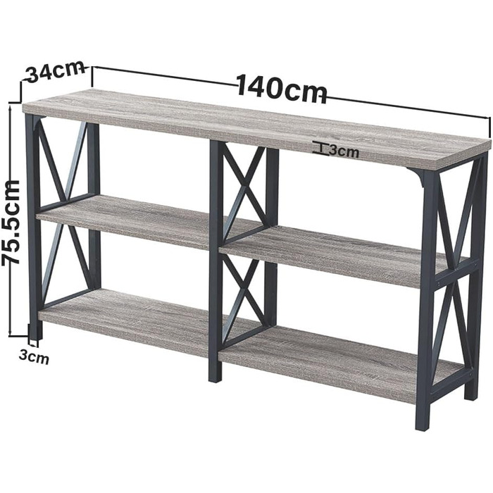 Консольний стіл Mudmasa дерево, 3 яруси, металевий каркас, 140x34x75.5 см, сірий, ідеально підходить для передпокою/вітальні