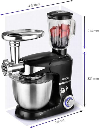 Кухонна машина Venga VG M 3014 з чашею 5 л з нержавіючої сталі, 1000 Вт, 4 насадки, рецепти, чорний колір
