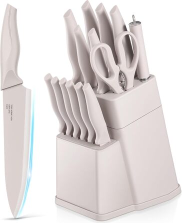 Набір кухонних ножів TEAMFAR з підставкою, 15 предметів, нержавіюча сталь, з точильним каменем, антипригарне покриття, для нарізки, подрібнення, колір хакі