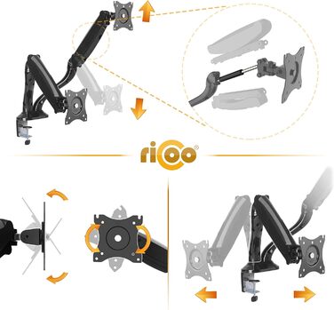 Кріплення для монітора RICOO TS3911 для 2 моніторів: регульована підставка з газовою пружиною, VESA 75x75/100x100, для моніторів 17-32 дюймів