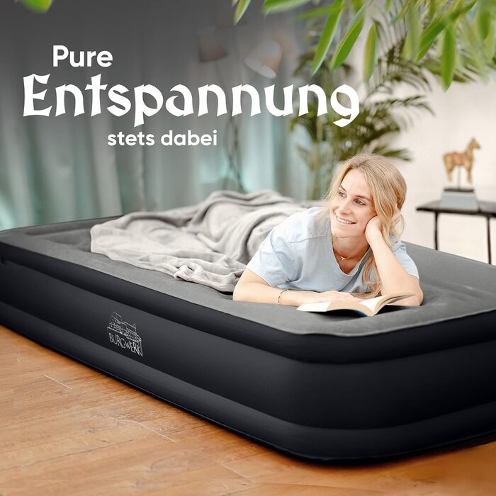 Надувне ліжко 3-в-1 | Гостьове та кемпінгове ліжко | Надувна матрац з електропомпою 150x200 | Самостійно надувна ліжко (1 особа, Чорний/Антрацит)