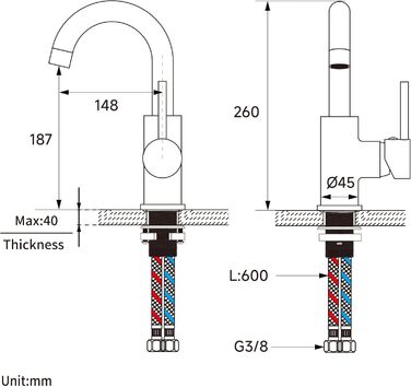Змішувач для ванної кімнати/кухні Auralum з поворотним виливом 360°, з високоякісної латуні з хромовим покриттям, з підключенням 60 см, однорідний