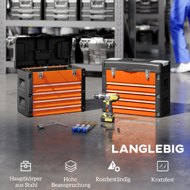 Набір інструментів порожній, 49,7 x 25,3 x 40,7 см. Ящик для інструментів з 4 висувними ящиками, міні-бокс зі сталі, помаранчевий.