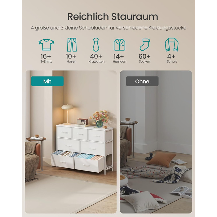 SONGMICS Комод зі 7 висувними ящиками, шафа для зберігання, сталь, MDF, флізелін, для спальні, прихожей, вітальні, білий (LGS323WH01)