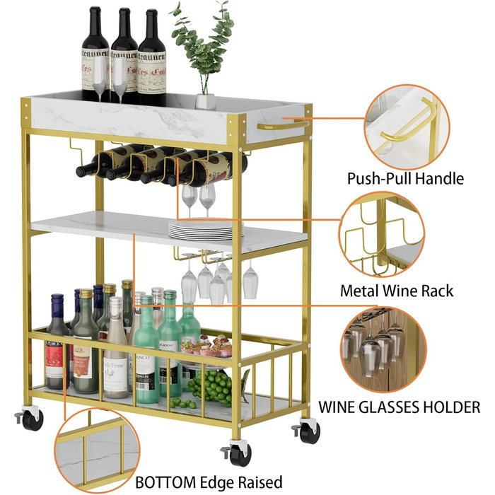 Сервізний візок Huhote з полицею для вина, барний візок, візок для напоїв, візок на колесах, візок для вина в їдальню, кухню, вітальню, бар, вечірку, з імітацією текстури дерева (золотий, корзина без заліза)