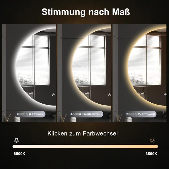 LED дзеркало для ванної кімнати з підсвічуванням Round - регульоване з 3 кольорами світла (3500K-6500K), сенсорне управління, запобігання запотіванню - дзеркало для ванної кімнати з підсвічуванням для макіяжу та гоління (70см фонове освітлення)