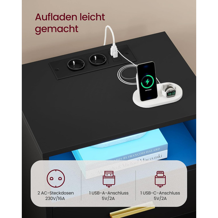 VASAGLE Custos: Набір з 2 тумбочок з LED-підсвічуванням та зарядкою, чорний, з шухлядами, 2 розетки AC та USB