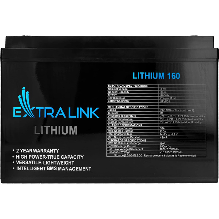 Літієва батарея Extralink LiFePO4 200AH 12 В, BMS, без ефекту пам'яті, компактна, легка, для автофургону/човна