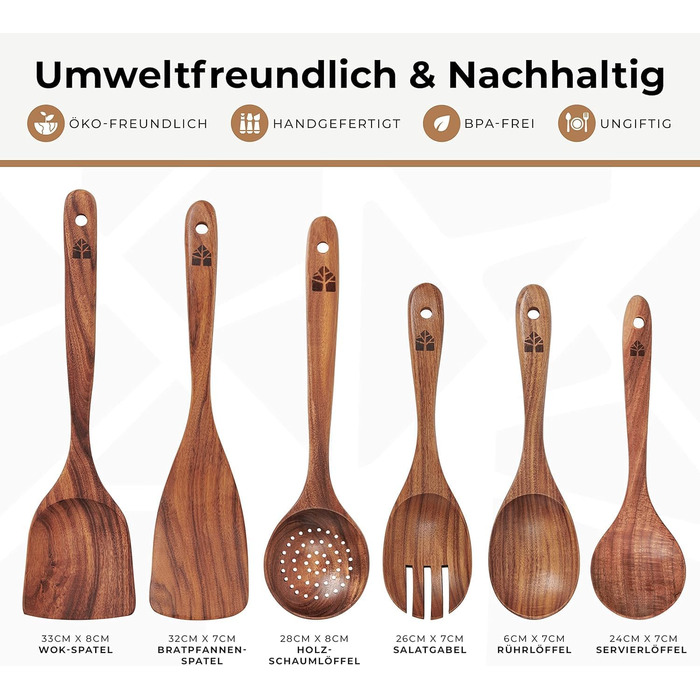 Дерев'яні лопатки для кухні - набір з 6 шт. з текового дерева (лопатки та лопатка для смаження) - натуральні, для антипригарного посуду, стійкі до високих температур
