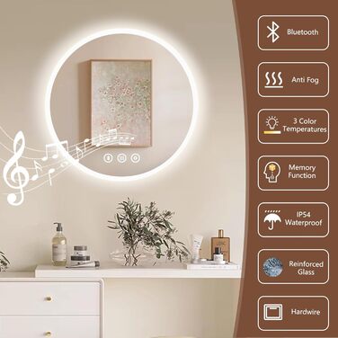 Дзеркало для ванної кімнати Habison з підсвічуванням 70x70 см LED, з годинником, сенсорним вимикачем, регулюванням яскравості, захистом від запотівання, 3-х кратним збільшенням, Bluetooth