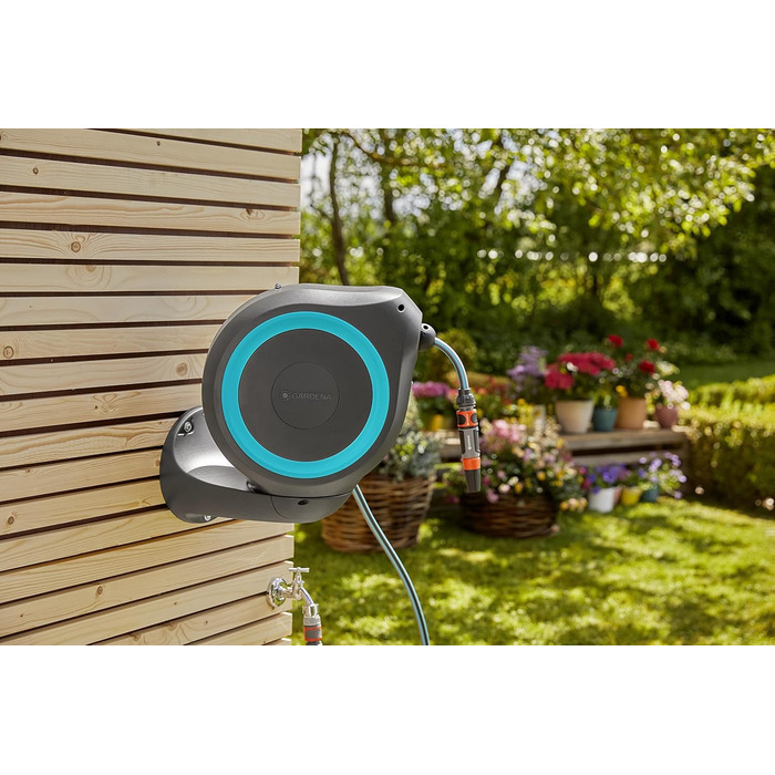 Шланг садовий Gardena RollUp M (бірюзовий) 20м: гнучкий, з поворотним барабаном, з кріпленням для стіни, з розпилювачем та 20м шлангу