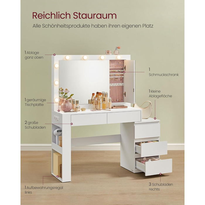 Трюмо VASAGLE з LED-підсвічуванням, дзеркалом та ящиками, 40 x 125 x 140 см, сучасний дизайн, колір