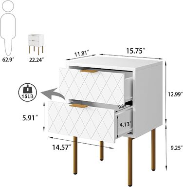 Тумбочка HEYZOEY Приліжкова, 2 ящики, Модерн, Бохо, Білий/Золотий, Для Спальні/Вітальні