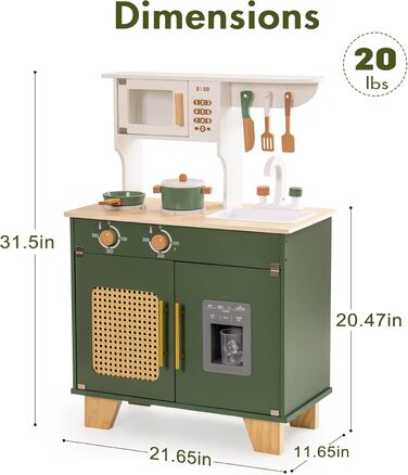 Дерев'яна дитяча кухня ROBOTIME Retro з аксесуарами, мікрохвильовка, диспенсер для льоду, шафка з ротангу, зелений колір, для дітей 3-8 років