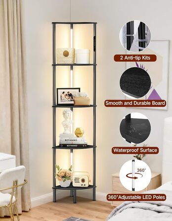 LED торшер з полицею: 3 режими світла, димування (сенсор, пульт), кутова полиця 5 рівнів, вузька книжкова шафа для вітальні, спальні, офісу (чорний)