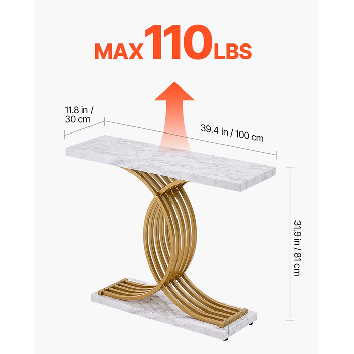 Вхідний консольний столик VEVOR 100 см - вузький, міцний, з металевим каркасом. Ідеально для передпокою, вітальні, спальні. Витримує до 49,9 кг.