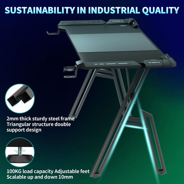 Ігровий стіл 120x60 см з підсвіткою LED, A-frame, з тримачем для напоїв та гачком для навушників, карбонове покриття, ергономічний для дому та офісу