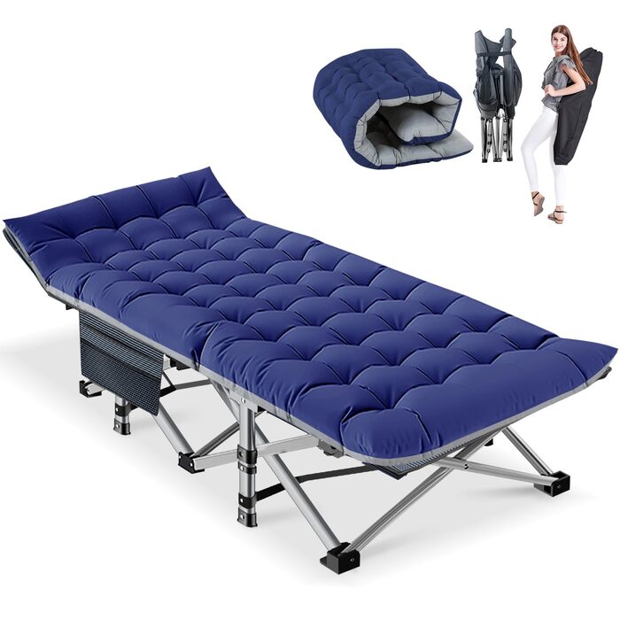 Розкладне кемпінгове ліжко з матрацом та кишенями, сталевий каркас, навантаження до 200 кг, 190x71x36 см, синій
