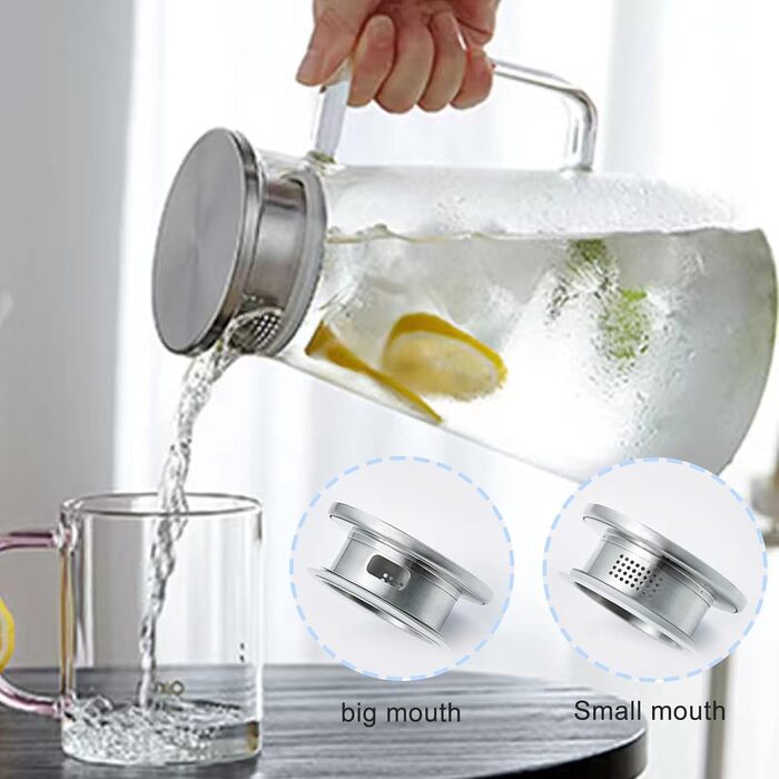 Скляний глечик Nutabevrd 2.3 л з нержавіючою кришкою, фільтром та ручками. Підходить для води, кави, молока, соку, вина та інших напоїв. Легко миється.