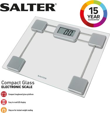 Скляні електронні ваги для ванної кімнати Salter 9018S SV3R, вантажопідйомність 180 кг, РК-дисплей, що легко читається, швидкий старт, велика поверхня для зважування загартованого скла, з батарейками, сріблястий/прозорий (макс. 150 кг)