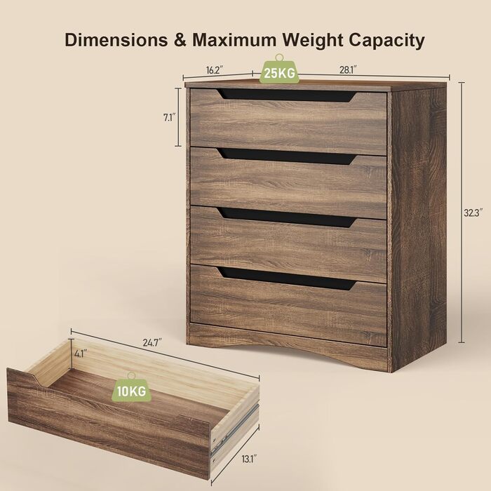 Комод Bealife для спальні з 4 великими шухлядами, комод-шафа з вирізаними ручками та блокуванням від перекидання, шафа-тумбочка ідеально підходить для вітальні, офісу (світло-сірий)
