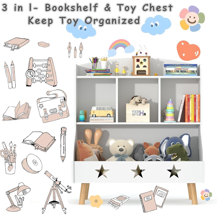 Дитяча полиця для іграшок та книг Garden 4 you, полиця для дитячої кімнати з 3 відкритими секціями, 60x30x63 см (білий)