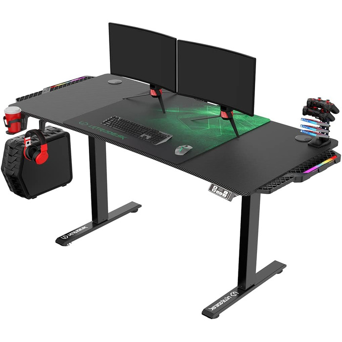 ULTRADESK Стол для роботи та ігор, регульована висота, електричний, 140x68 см, з XL-кілимком для миші (зелений)