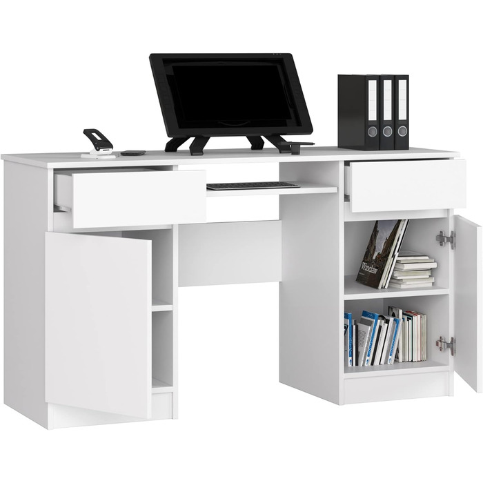 Стіл для ПК A5 з лотком для клавіатури Офісний стіл Комп'ютерний стіл Офісний стіл з лотком для клавіатури 2 шухляди та 2 дверні полиці, W135 x H77 x D50 см, 58 кг Білий