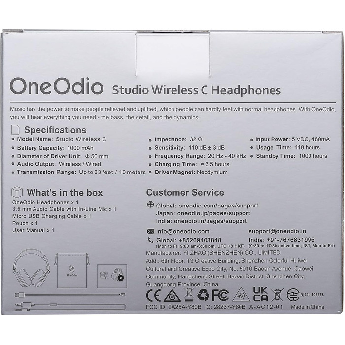 Накладні навушники OneOdio Bluetooth, 110 годин, BT 5.2, 50 мм драйвер, HiFi, Складні, Мікрофон, Чорний