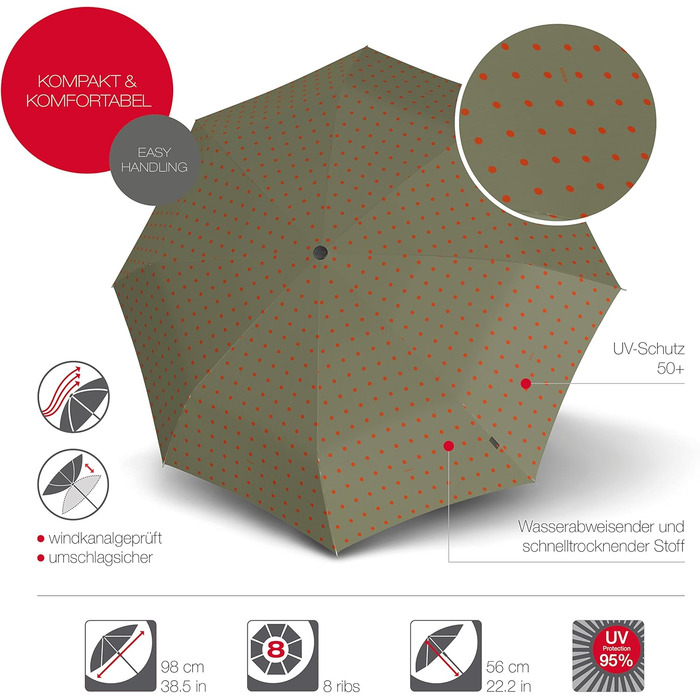 Складна парасолька Knirps T.200 Duomatic - відкривання-закривання, складання, захист від шторму, вітрозахист (94 см, Kelly Sand)
