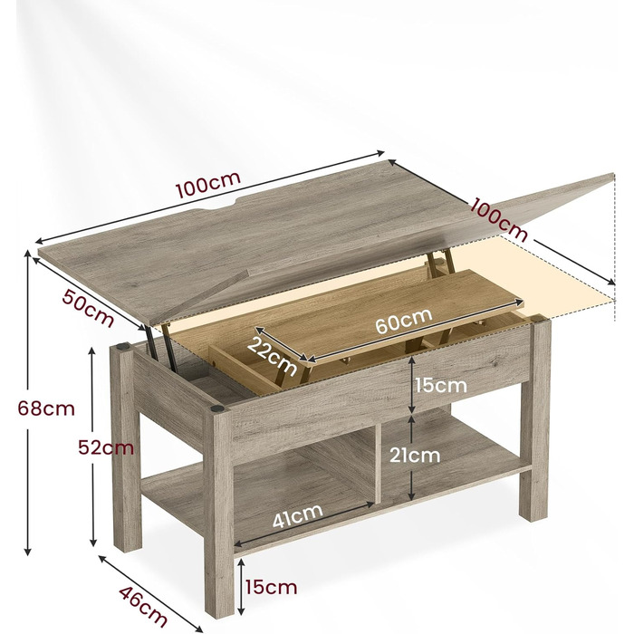 Регульований по висоті кавовий столик 3-в-1 з прихованим зберіганням, обіднім та кавовим столиком (сірий)