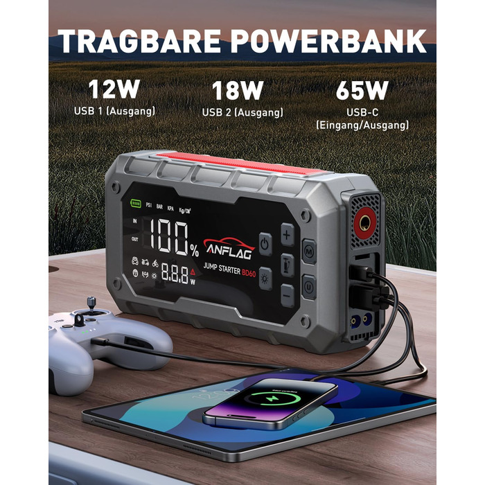 Powerbank для автомобіля ANFLAG 7000A з компресором 160PSI, 26800mAh, підтримка бензинових та дизельних двигунів (до 14.0L), PD65W, LED-ліхтар