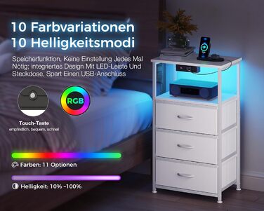 Приліжкова тумбочка Coleshome біла з розеткою, 2 USB, LED-підсвіткою, 3 висувними ящиками та місцем для зберігання, 40x30x70 см