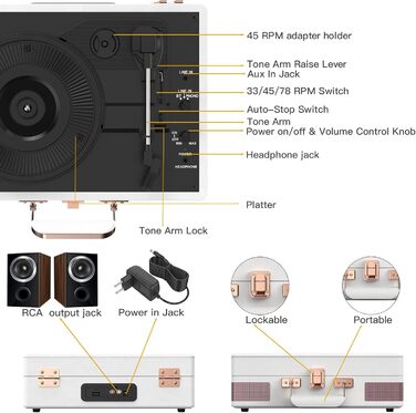 Вініловий програвач Trynnay 3-швидкісний з Bluetooth, портативний програвач у валізі з вбудованими динаміками, покращене аудіо, білий PU-шкіра