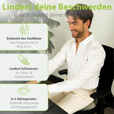 Ортопедичний сидіння кільце Feela® [3 ступені жорсткості] – подушка для геморою з отвором – після операції та пологів – сидіння для полегшення болю в куприку, подушка для геморою, сидіння-пончик – знімає біль (Medium) Чорний, Medium / Mittel (60-80 кг)