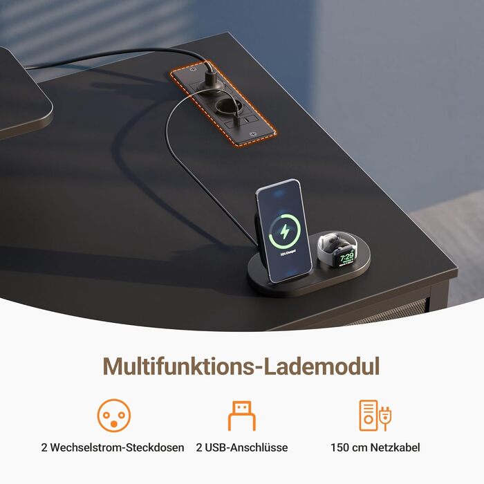 Комп'ютерний стіл Claiks з 3 шухлядами, полицею, 2 розетками та 2 USB-портами для зарядки, білий (120 x 60 см), чорний