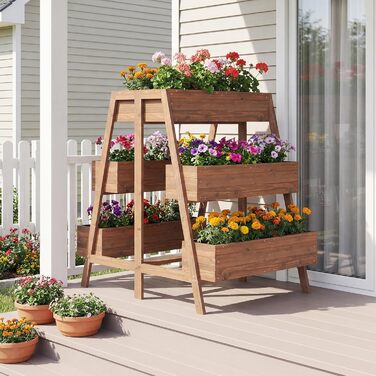 Вертикальна грядка COSTWAY з 3 ярусами, 6 контейнерами для квітів, дерев'яний ящик для рослин на терасу, балкон, сад - коричневий, 126x90x115 см