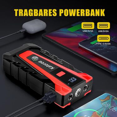 Powerbank Starthilfe 4000A: Зарядний пристрій для автомобіля, SUV та мотоцикла з LED ліхтариком. Підходить для бензинових двигунів до 9.0L та дизельних до 7.0L.